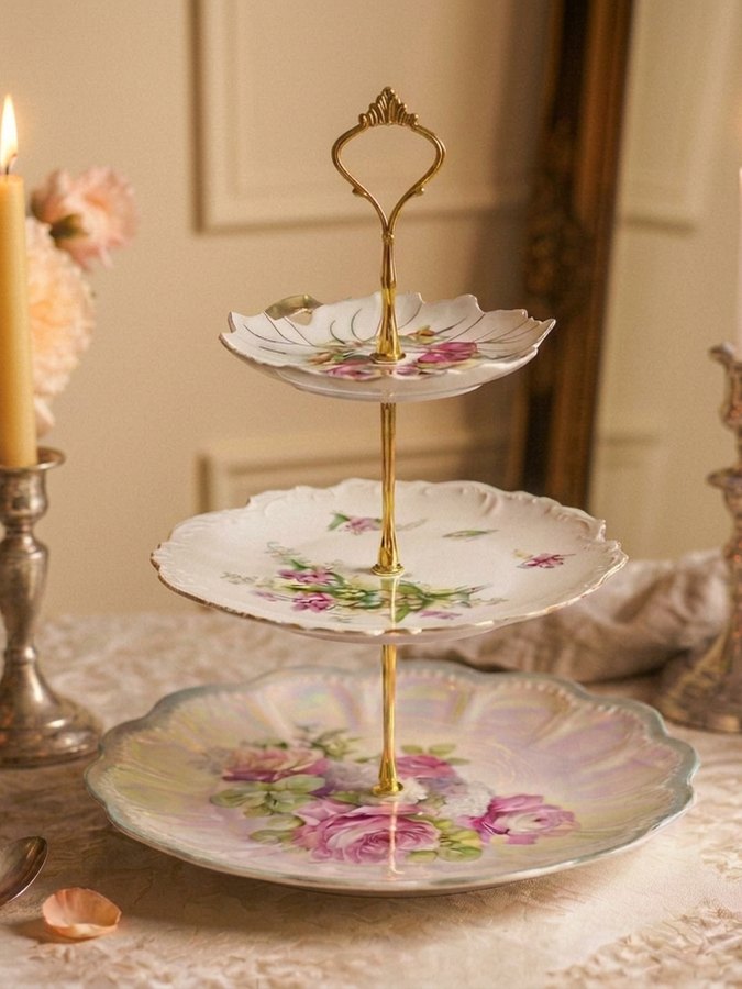 A three-tier stand of rose-pattern heirloom china set for a candlelit table