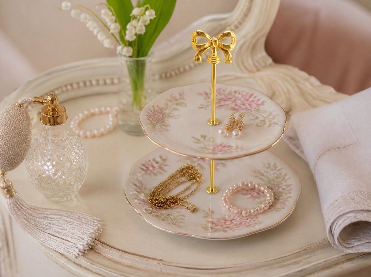 A gold bow-topped tier of petite floral china holding pearls and jewelry