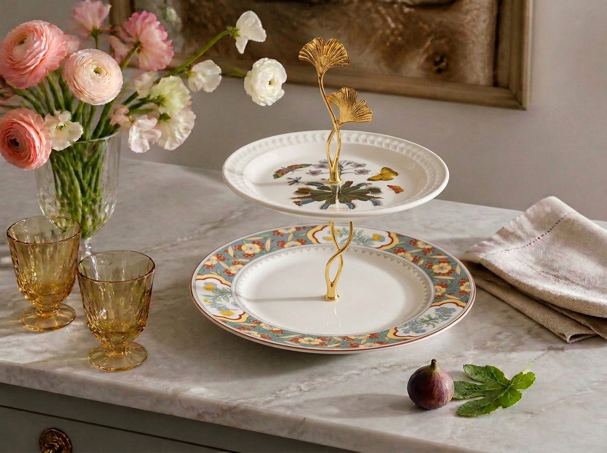 A gold ginkgo two-tier stand of botanical china on a marble sideboard