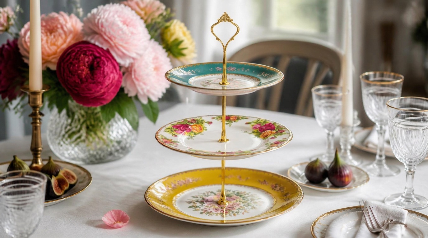 A vintage china tiered serving stand on a styled table